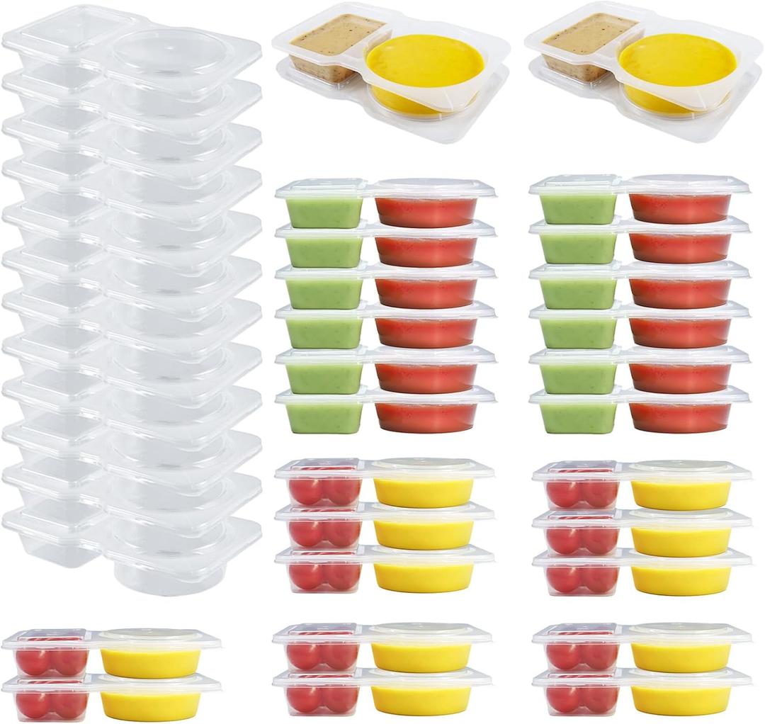 36 Pcs Reusable Snack Containers, 2 Compartment Condiment Containers with Lids for Refrigeration, Portion Control, Outdoor Takeaway Sauce Dip Case.