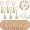 18 Pcs Boho Woven Placemats, Wood Bead Napkin Rings, and Dinner Cloth Napkins Set, 13" Handmade Round Wicker Farmhouse Rustic Placemats, Rattan Chargers for Dinner Plates for Thanksgiving Table Decor