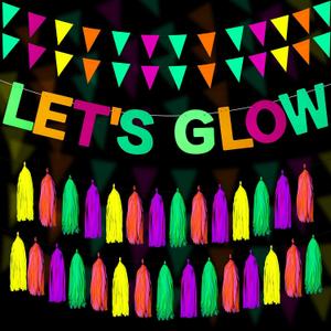 Outus Neon Party Supplies Includes Let's Glow Banner 20 Pieces Neon Paper Tassels and Neon Triangle Flag Glow in The Dark Party Supplies Bunting Party Hanging Decorations for Halloween Birthday Party