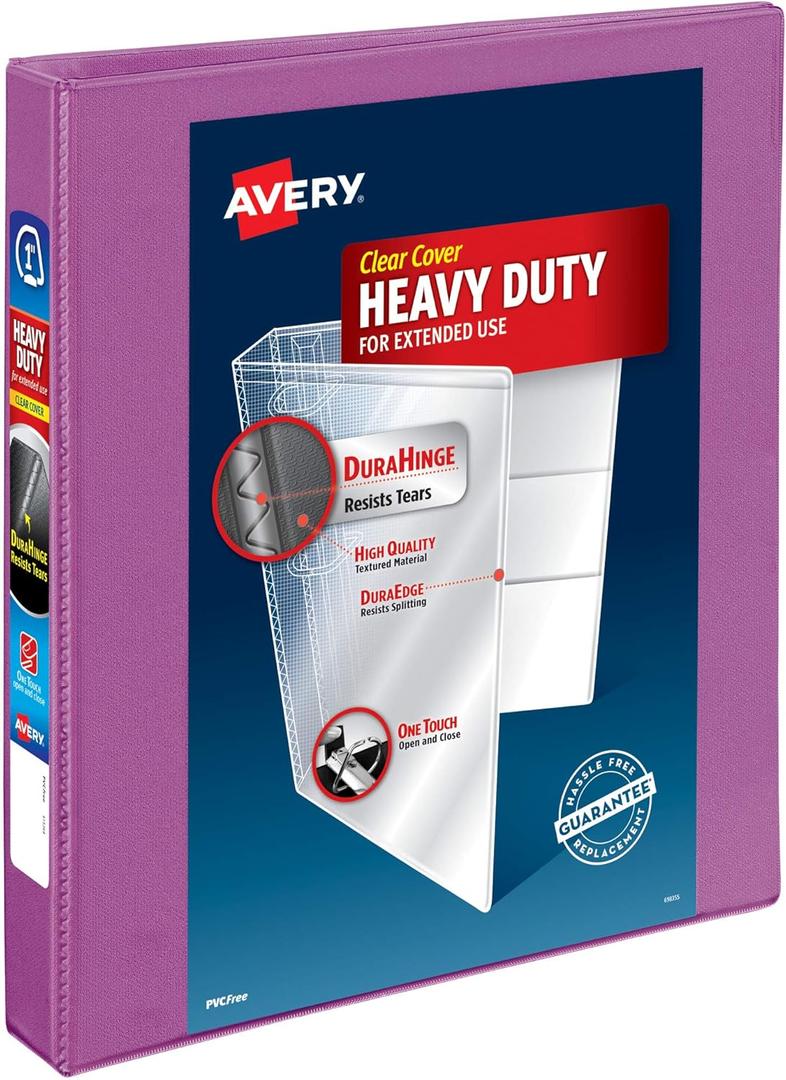 Avery Heavy-Duty View 3 Ring Binder, 1 Inch One Touch Slant Rings, 250-Sheet Capacity, DuraHinge, 1.4 Inch Wide Spine, Customizable Clear Cover and Spine, 1 Orchid Purple Binder (79272)