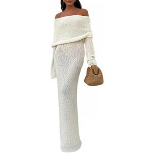 Women Sexy Off Shoulder Maxi Dress Long Sleeve Knit Crochet Bodycon Ruched Mesh Beach Vacation Party Sweater Dresses (Medium, White)