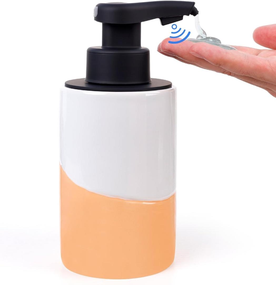 BosilunLife Automatic Soap Dispenser Ceramic Hand Free Soap Dispenser with Waterproof Pump Rechargeable Smart Electric Soap Lotion Dispenser Touchless for Kitchen Bathroom (White-Orange, Liquid Pump)