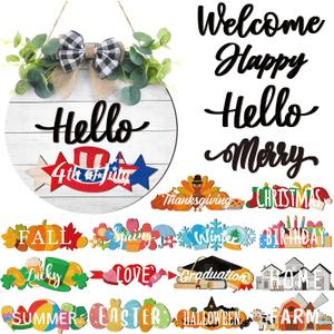 20 letreros de bienvenida intercambiables para puerta delantera con 4 letreros y 14 iconos intercambiables, decoracin rstica de madera para puerta delantera, decoracin de puerta de madera (Blanco)
