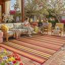 Outdoor Plastic Straw Rug Waterproof Patio 8x10 Red Orange Stripe Mat for Porch Camping RV Balcony Deck Courtyard Reversible Lightweight Durable Portable Carpet