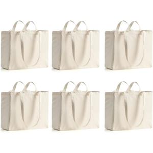 LINICE Canvas Tote Bag Reusable Grocery Bags with Long Shoulder Strap and Short Handle Foldable Heavy Duty Washable (6 Pack)