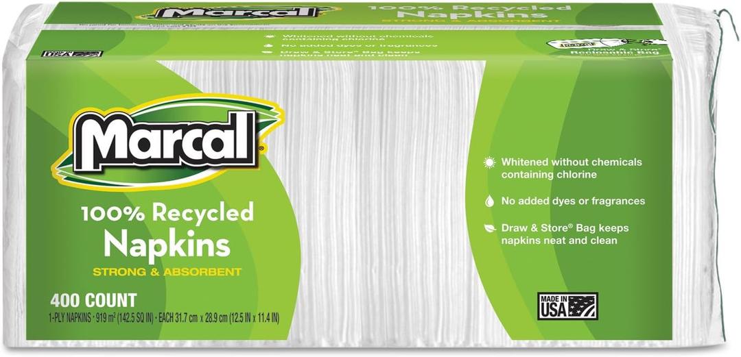 100% Recycled Lunch Napkins, 1-Ply, 11.4 X 12.5, White, 400/Pack, 12.5x11.4 inch