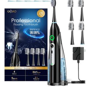 Electric Toothbrush with Water Flosser, All in One Sonic Flossing Toothbrush with 3 Modes & 5 Flossing Speeds & 4 Brush Heads, Rechargeable & Portable for Adult Teeth Cleaning, Black