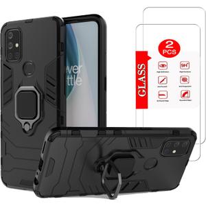 for OnePlus Nord N10 5G Case with [2 Pack] Tempered Glass Screen Protector, Heavy Duty Armor [Military-Grade] Protectivefor OnePlus N10 Magnetic Kickstand Car Mount Case Black