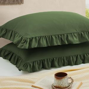Cobedzy Ruffled Pillow Cases Set of 2, Olive Green Standard Pillow Shams Brushed Microfiber Edge Ruffled Soft Pillow Cover with Envelope Closure for Bedding Decor (20"x26")