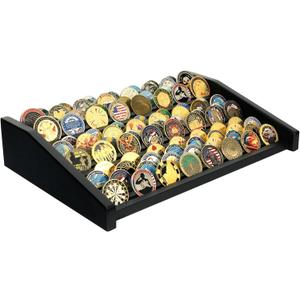 Challenge Coin Display Holder, 12 Rows Solid Wood Military Coin Stand Holds 80-100 Coins, Army Coin Display Rack for Desk (Black Finish)
