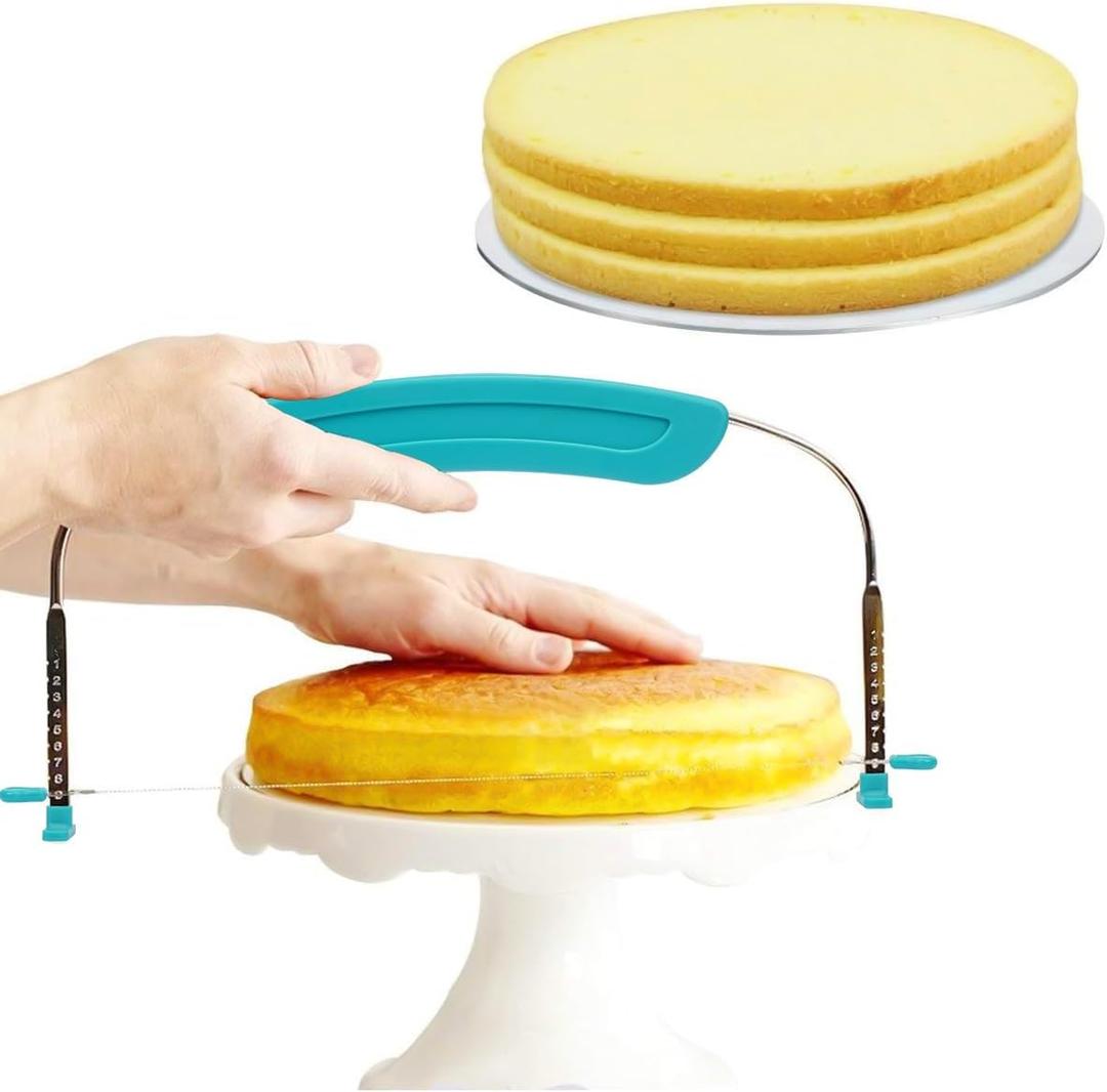 Adjustable Cake Slicer Leveler Small Cake Cutter Slicer for Leveling Tops of Layer Cakes Professional Baking Tool with Stainless Steel Wires and Sea Blue Handle