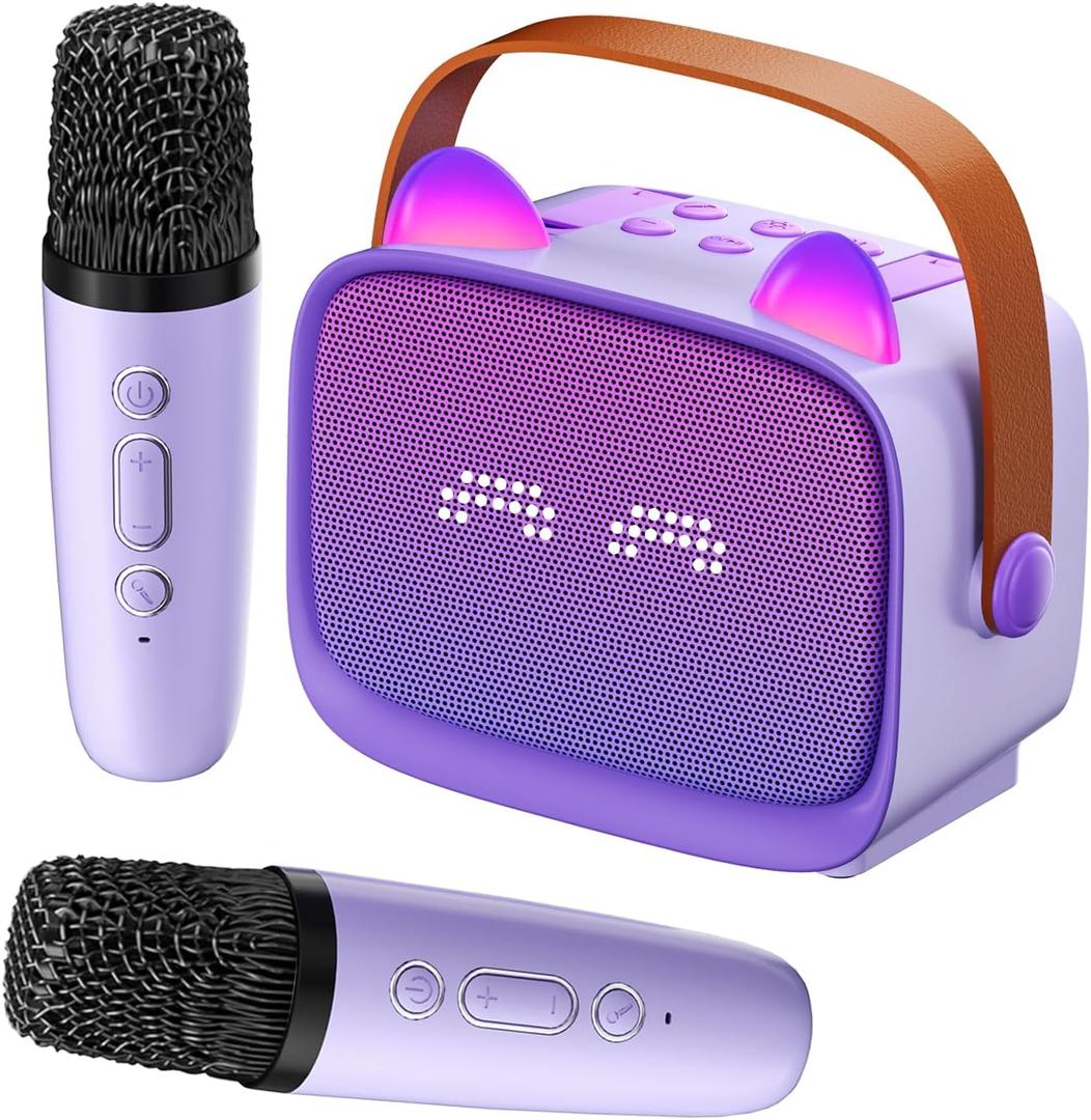 Mini Karaoke Machine for Kids Adults (2025 Upgraded), Portable Bluetooth Speaker with 2 Wireless Mics, Built-in Phone Holder and Emoji Animation, Birthday Gift for Boys Girls 3-12 Home Karaoke Party