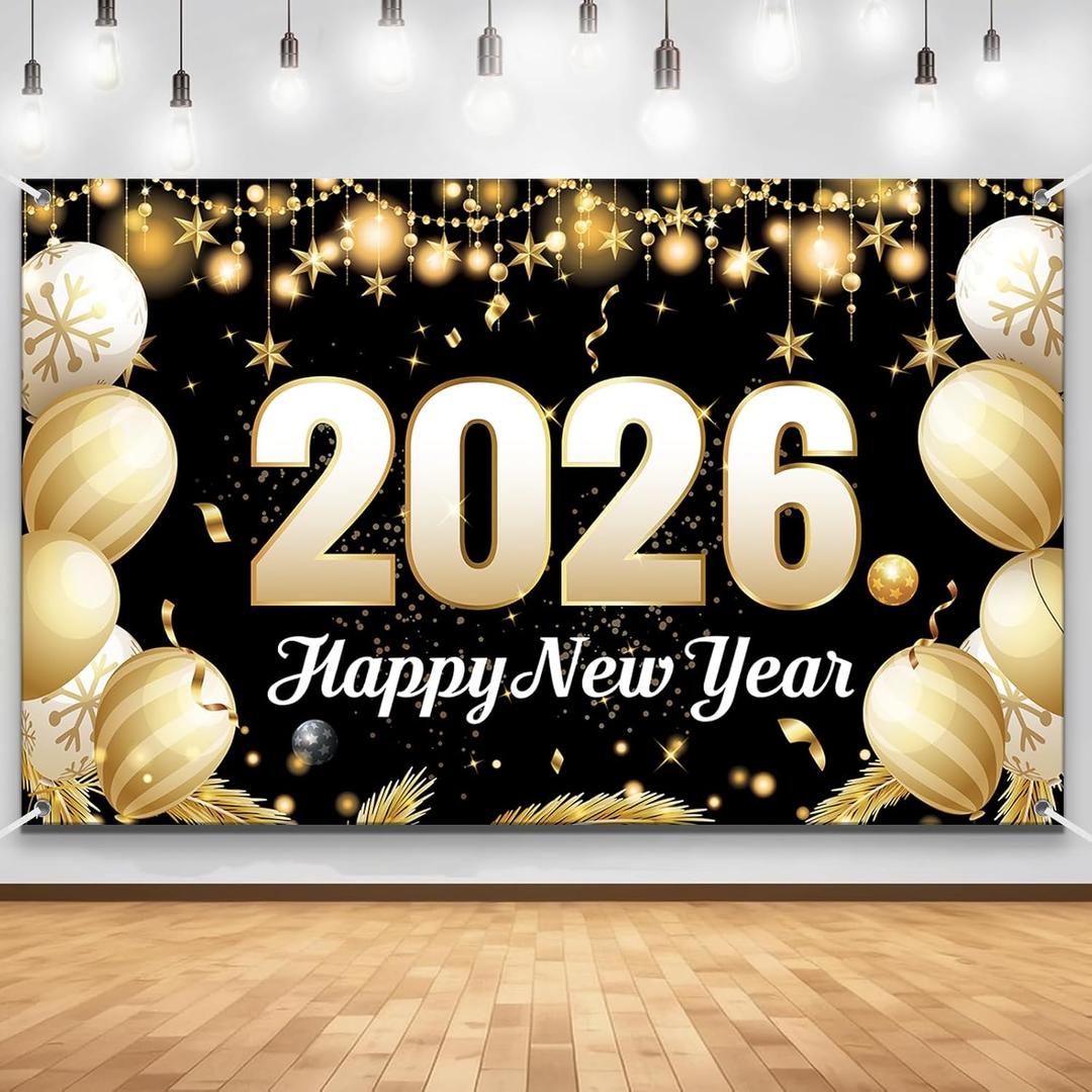 Happy New Year Banner 2026,70.8x43.3in Extra Large Size Happy New Year Backdrop New Years Decorations 2026New Years Eve Party Supplies 2026 for Home Garden NYE Photo Booth Photoshoot Backdrop Favors (Black Gold 2026)