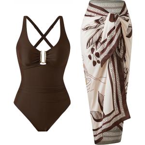 One Piece Swimsuit Women with Cover Up Set Retro Bathing Suit for Women Tummy Control Beach Wrap Skirt (Large, Brown)