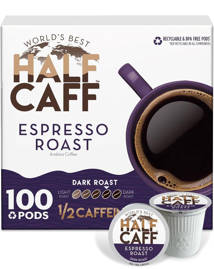 World's Best Half Caff Espresso Roast Coffee Pods 100ct Keurig Compatible (EXP 07/31/26)