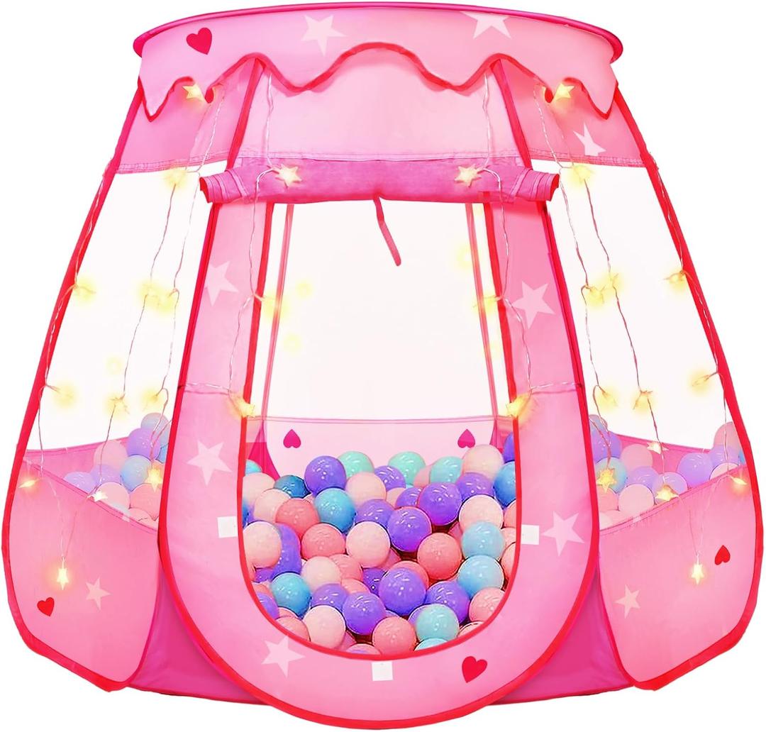 Pop Up Princess Tent with Star Light, Toys for 2 3 Year Old Girl Birthday Gift, Ball Pit for Baby with 1 Carrying Bag, Foldable Kids Play Tent for Toddlers, Two Year Old Girl Toy Indoor Outdoor
