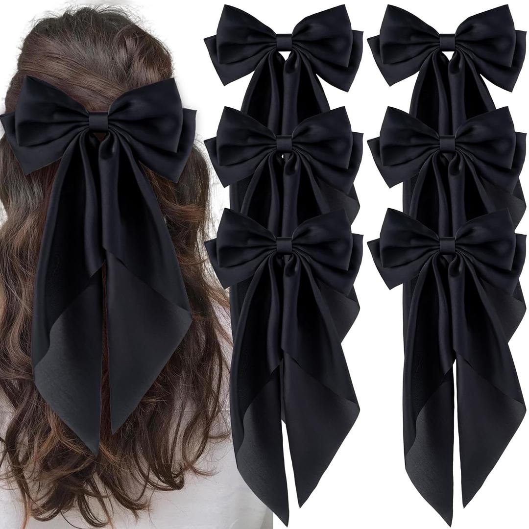 6Pcs Large Bows Hair Clips for Women Girls Long Tail Hair Ribbon Silky Satin Barrettes Coquette Hair Bows Accessories (Black)