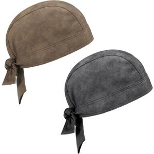 2 Pcs Leather Biker Skull Cap for Women Distressed Motorcycle Bandana Doo Rags Adjustable Skull Cap (Distressed Black,old Brown)