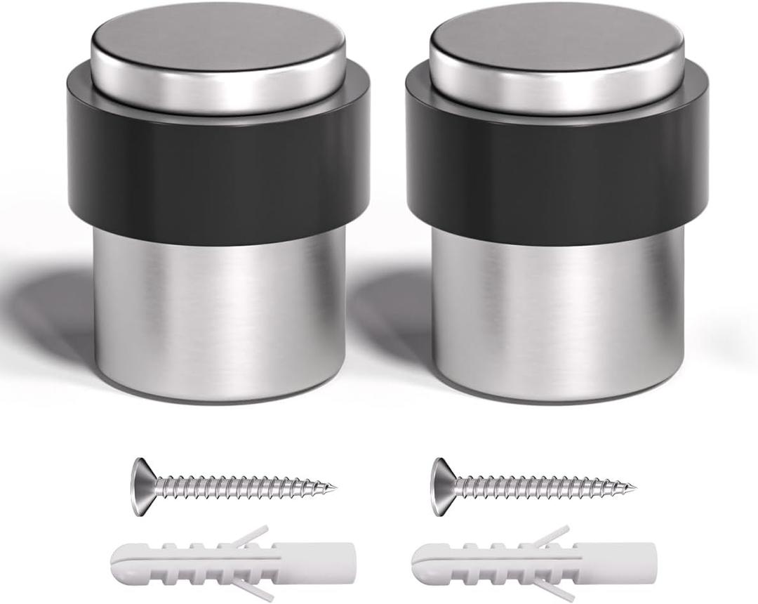 SANATO Nickel Cylindrical Floor Mounted Stainless Steel 304 Door Stop Door Stopper with Black Rubber, 2 Pack (Silver)