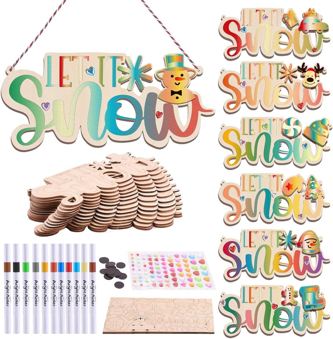 SIRPERICE 14PCS DIY Wooden Christmas Ornaments Set with 12 Markers and Diamond Stickers, Unfinished Wood Discs for Painting, Crafting and Holiday DIY Hanging Decorations (snowman)