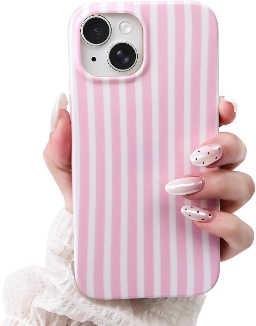 Compatible with iPhone 13/14 Case,Cute Aesthetic Striped Pattern Cover for Women Girls,Soft TPU Shockproof Protective Stylish Kawaii Case for iPhone 13/14 6.1",Pink