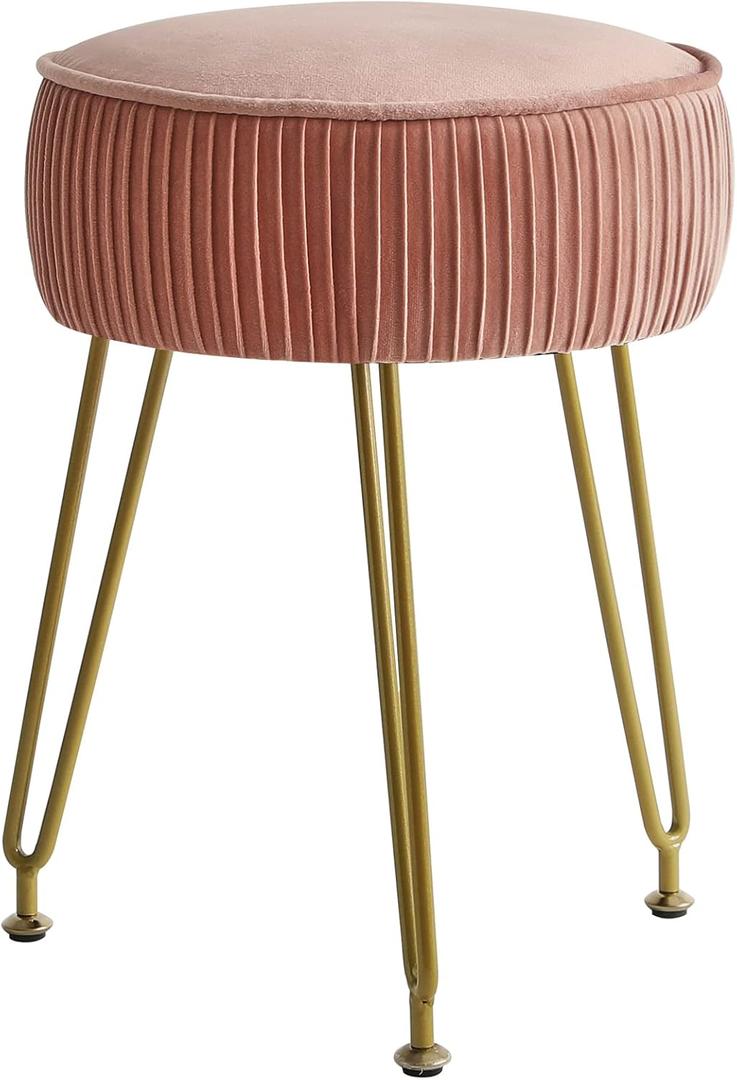 IBUYKE Velvet Round Footrest Ottoman, Makeup Vanity Stool Side Table, Velvet Dressing Table Seat, Pouf Couch Stool, Golden Steel Legs, Pink LG-30P (without storage)