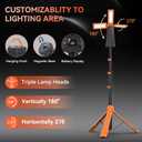 AKOFUN 15000 mAh Rechargeable Camping Light with Stand, Cordless Work Light with 3 LED Lamp Heads, 5500 Lumens Dimmable Camping Essentials Gear Emergency Flashlight with 86" Detachable Tripod, Orange