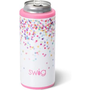 Swig Life Skinny Can Cooler, 12oz Insulated Slim Can Holder, Stainless Steel Cooler, Covers for Tall Beer Bottles, Beach Accessories for Women (Confetti)