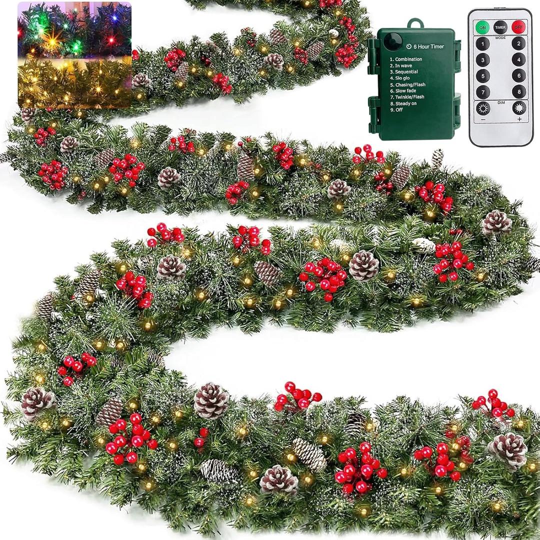 Remote Control&Super Long&8 Modes-18Ft Prelit Snowy Pine Christmas Garland for Stairs Door Mantle Porch Outdoor Indoor,Real Touch Cedar Garland,100 Warm White&Color Switch Lights,Timer,Berry Pinecone