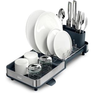 Joseph Joseph Extend Slim Steel Expandable Dish Drying Rack with Removable Cutlery Holder and Swivel Draining Spout, Compact Design, Grey (Gray)