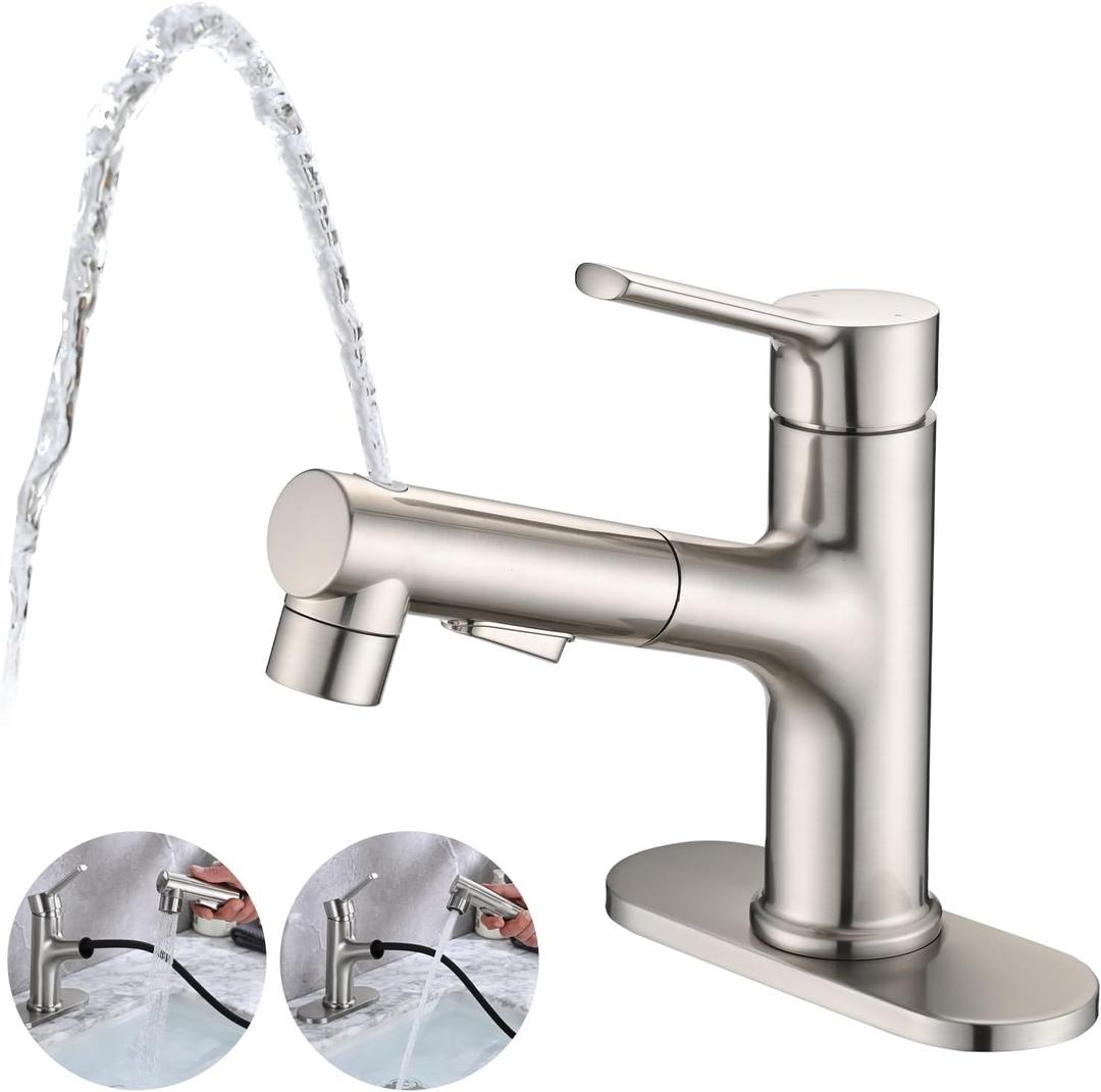 Bathroom Sink Faucet with Pull Out Sprayer, Single Handle Modern Bathroom Basin Faucet with Pop-up Sink Drain Stopper & Deck Plate 1 or 4-inch Centerset 3 Hole, Brushed Nickel