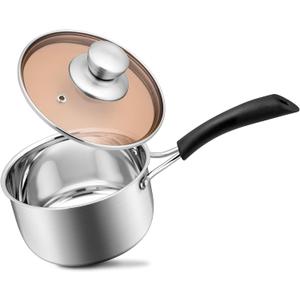 18/10 Stainless Steel Saucepan, Joyfair Small Sauce Pan Milk Pot with Glass Lid for Cooking Stewing Boiling Spaghetti Soup, Extra Pan Wall & Heat-proof Bakelite Handle, Dishwasher Safe (1 Quarts)