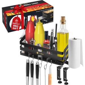 Griddle Caddy for Blackstone 28"/36" Griddles –Large BBQ Organizer with 6 J-Hooks, Paper Towel Holder, Ample Storage for Condiments & Tools – for Outdoor Cooking, Camping, and Grilling Essentials