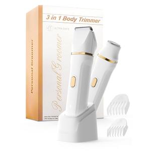 Bikini Trimmer for Women Painless, IPX7 Waterproof Rechargeable Electric Shaver Razors for Women, Pubic Hair Trimmer, Facial Hair Removal Cordless Ceramic Blade, Charge Dock, Gifts (White)