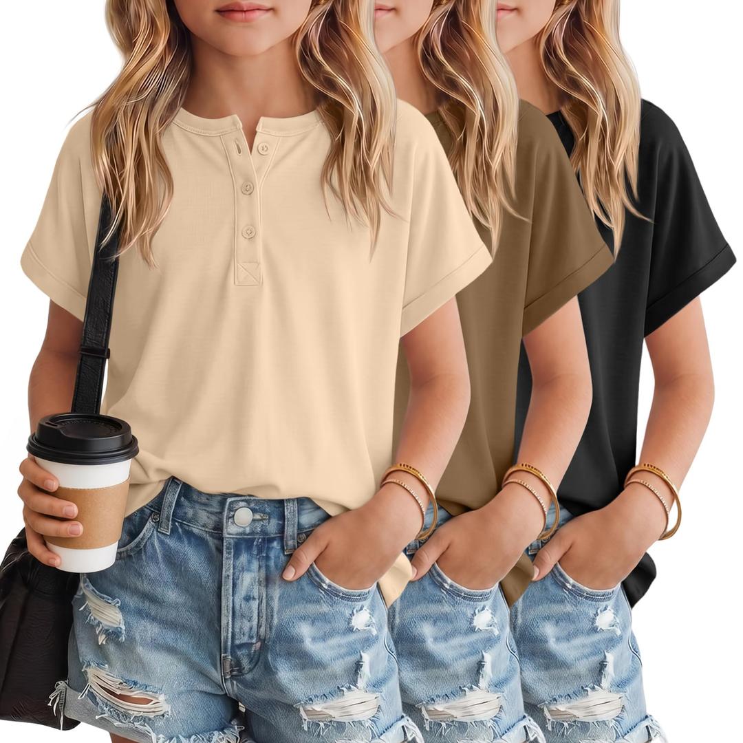 YooAurvox 3 Pack Girl's T Shirts Summer Short Sleeve Tops Henley Round Neck Cute Shirts Loose Fit Kids Casual Basic Tees(Apricot, Coffee, Black,11-12 Years)