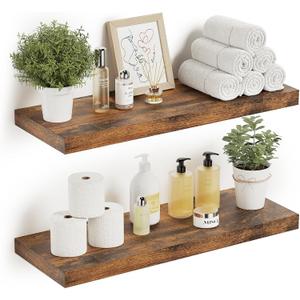 Deeper & Thicker Floating Shelves for Wall, Bathroom Shelves 24 inches Long Floating Shelf for Wall Set of 2, Over Toilet Wall Mounted Farmhouse, Rustic Brown (24''W x 9.1''D x 1.5''H,Set of 2-MDF)