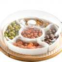 yarlung Ceramic Divided Serving Dishes Platter with Clear Lid, 11 Inch Bamboo Appetizer Tray with Handles 5 Removable Snacks Bowls Relish Tray for Candy and Nut, Chips and Dips, Veggies