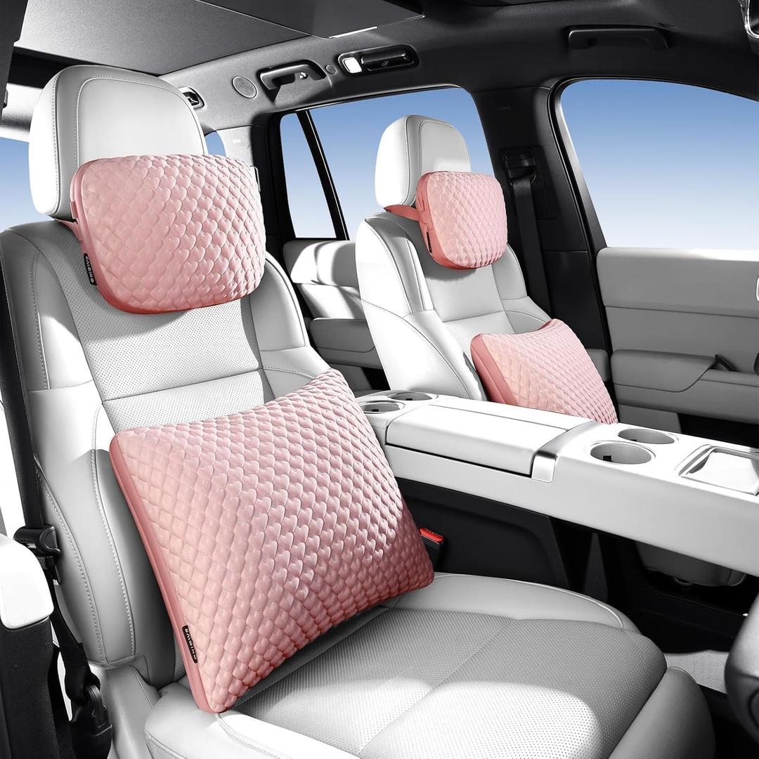Car Headrest and Lumbar Support Pillow Set,1 Piece, Neck & Back Support for Driver/Passenger Seat, Comfortable & Breathable, Relieves Neck & Back Pain, Ideal for Long Drives (B/Pink)