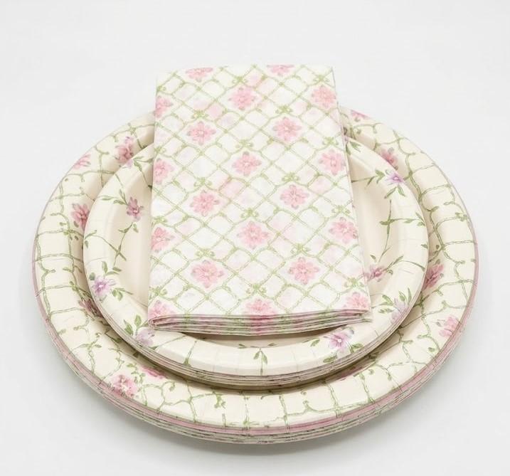 Floral Paper Plate and Napkin Set, Vintage Botanical Pattern Disposable Dinnerware for Parties, Weddings, and Events