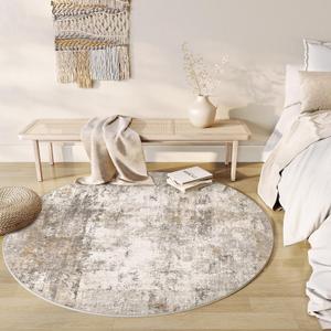 8x8 Washable Round Rug Brown Grey Abstract Living Room Bedroom Area Rug Neutral Modern Non Slip Soft Low Pile Indoor Carpet for Dining Room Office Entryway