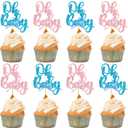 Gyufise 36Pcs Oh Baby Cupcake Toppers Pink Blue Bow Glitter Baby Shower Gender Reveal Cupcake Picks for Boy or Girl Theme Baby Shower Kids Birthday Party Cake Decorations Supplies