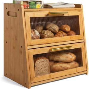 Gennua Kitchen Extra Large Bamboo Bread Box for Kitchen Countertop, Wooden Double Layer Breadbox Provides Double the Storage, Holds Multiple Loaves, Durable & Beautiful with Frosted Acrylic Panels