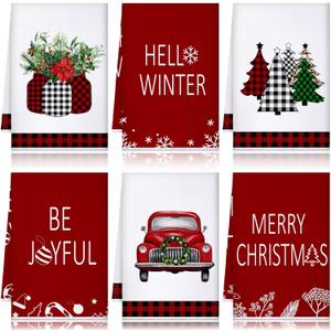 Bencailor 6 Pcs Christmas Kitchen Towels Buffalo Plaid Christmas Hand Towels Xmas Tree Red Truck Dish Cloths 24x16 Inch Absorbent Winter Decorative Tea Dishcloths for Home Kitchen Bathroom Xmas Gifts