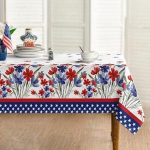 Horaldaily 4th of July Tablecloth 60x84 Inch, Patriotic Watercolor Poppy Flowers Independence Day Memorial Day Table Cover for Party Picnic Dinner Decor