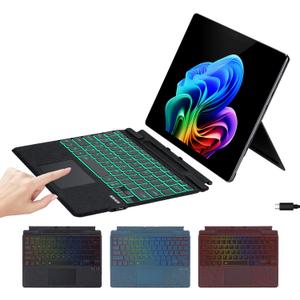 Keyboard for Surface Pro 11/10/9/8/X, Wireless Keyboard Type Cover with Palm Rejection Touchpad, Microfiber Leather, Pen Holder, Type-C Charging, 7-Color Backlight for Microsoft Surface Pro