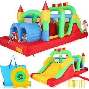 Whubefy Inflatable Bounce House Obstacle Course for Big Kids 3-6 8-12 with Large Slide, Racing Crawl Tunnels, Giant Bouncy Castle with 680W Blower for Backyard Outdoor 18.0x8.2x6.6 ft