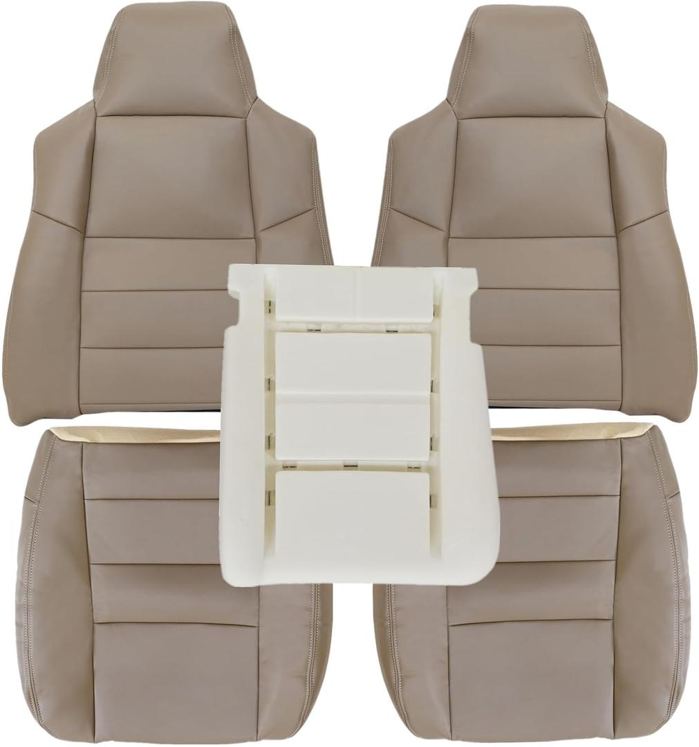 NLQR Tan Driver & Passenger Side Bottom & Top Lean Back Replacement Leather Seat Covers & Driver Side Foam Cushion fit for Ford F250 F350 F450 F550 Lariat 2002-2007 fit for Ford Excursion 2002-2005