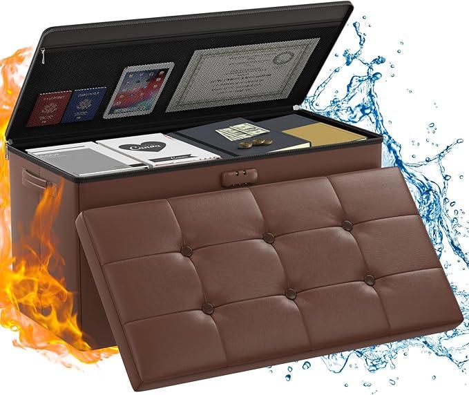 ENGPOW Storage Ottoman Bench,Fireproof Folding Bench with Lock,30 Inches Fire＆Water Resistant Storage Chest Foot Rest Stool Leather Bedroom Bench with Storage Safe for Document,Valuables, Brown