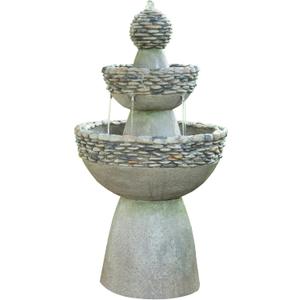 Teamson Home 36.5 in. Outdoor 3-Tier Zen-Style Pedestal Water Fountain in. with Stone Trim with Pump and 2.64 Gallon Capacity, Stone Gray