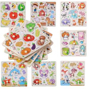 Wooden Puzzles for Toddlers 1-3, 8 Pack Peg Puzzles for Kids with Animals, Dinosaurs, Fruits, Vegetables, Educational Preschool Learning Toys, Birthday Gifts for Boys, Girls